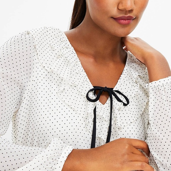 Loft Ivory Black Polka Dot Blouse Large Petite - Picture 3 of 11